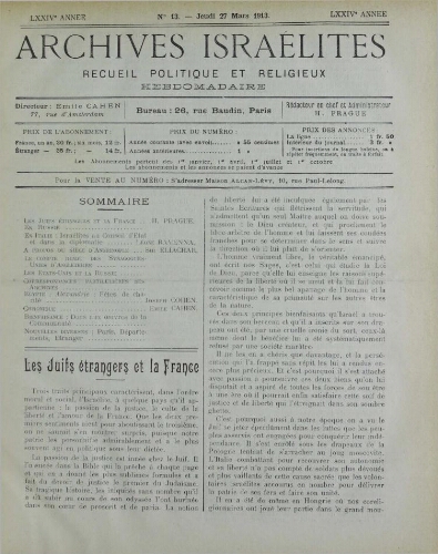Archives israélites de France. Vol.74 N°13 (27 mars 1913)